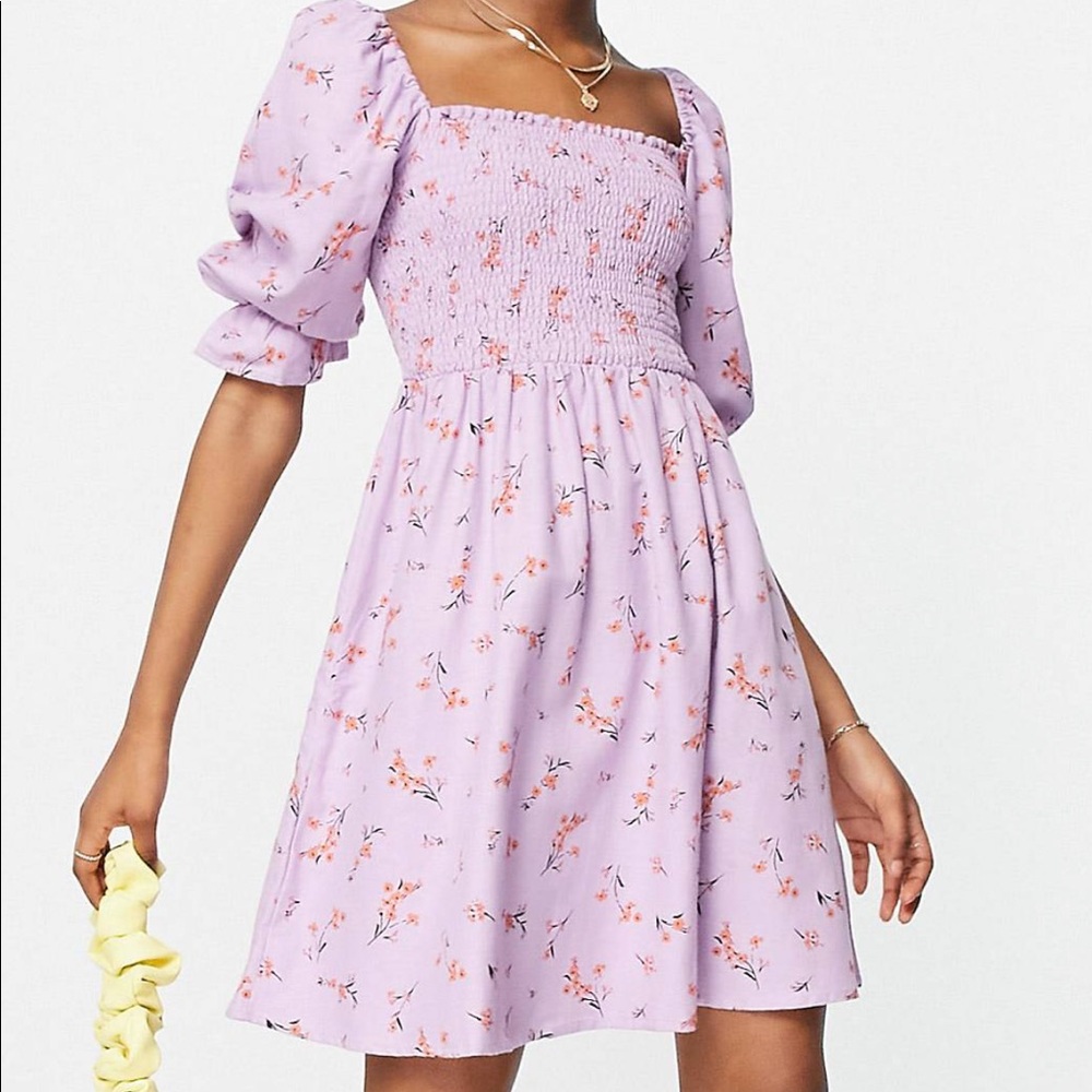 New Look Shirred Mini Dress in Lavender Floral